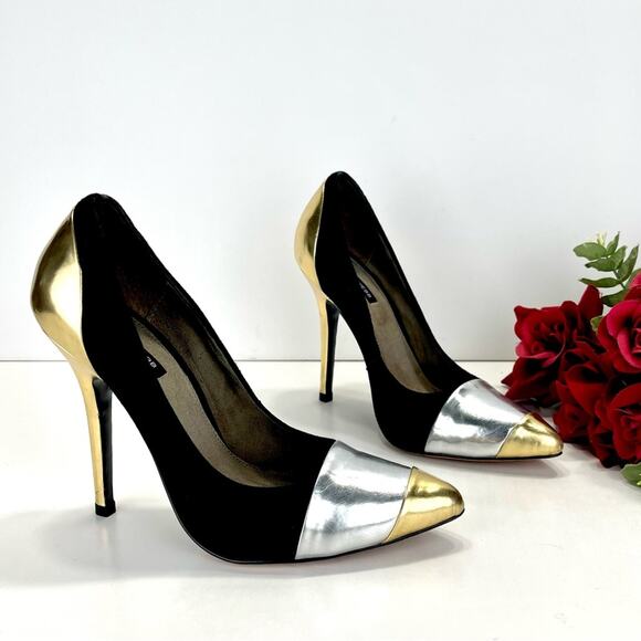 Marissa Webb Stiletto Heel Pump Size 8 Black Gold & Silver Leather Pointed-Toe - Picture 13 of 16